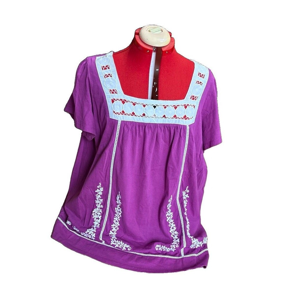 Woman Within Purple Short Sleeve Embroidered Peasant Tunic Top  Plus 1X